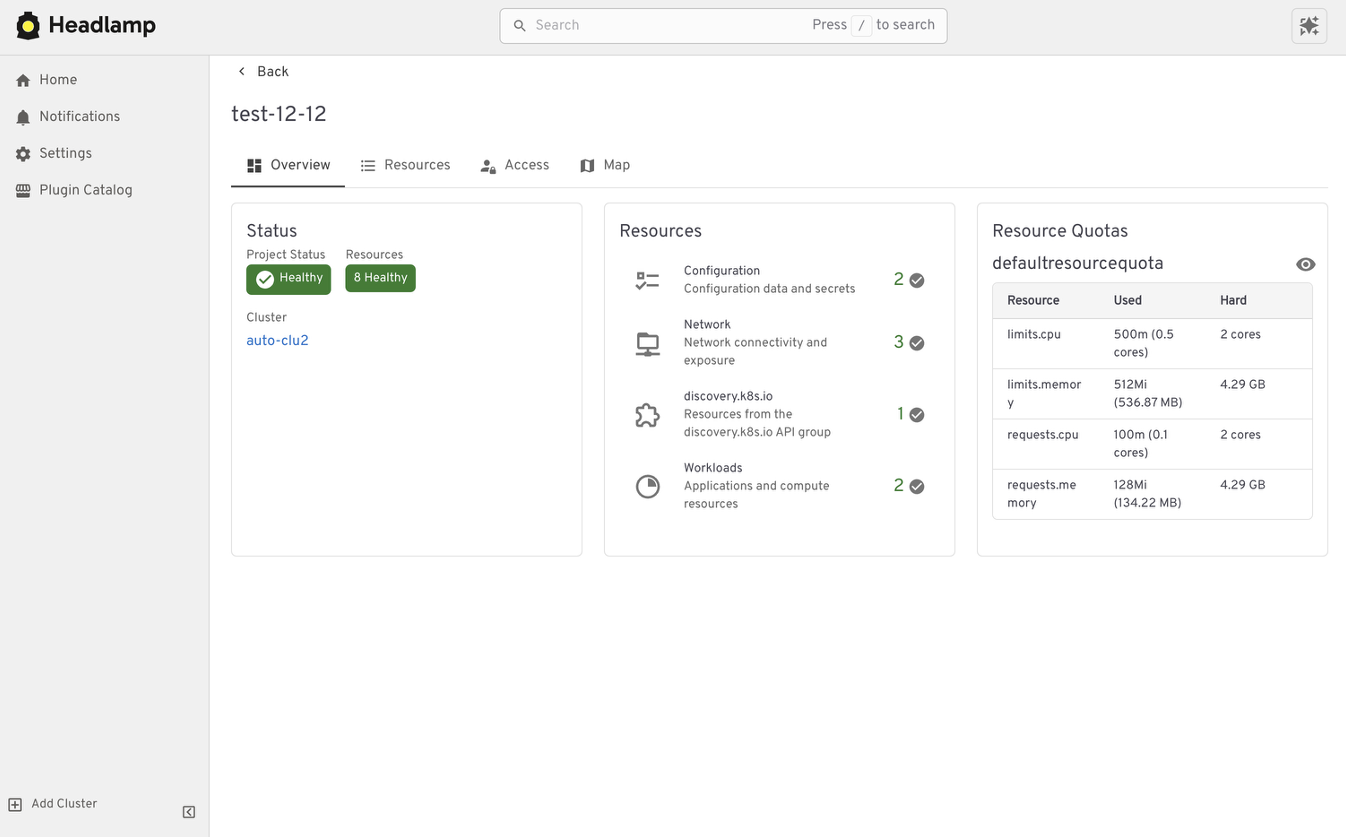 Headlamp 中的应用 Projects 视图,将相关的 Kubernetes 资源分组